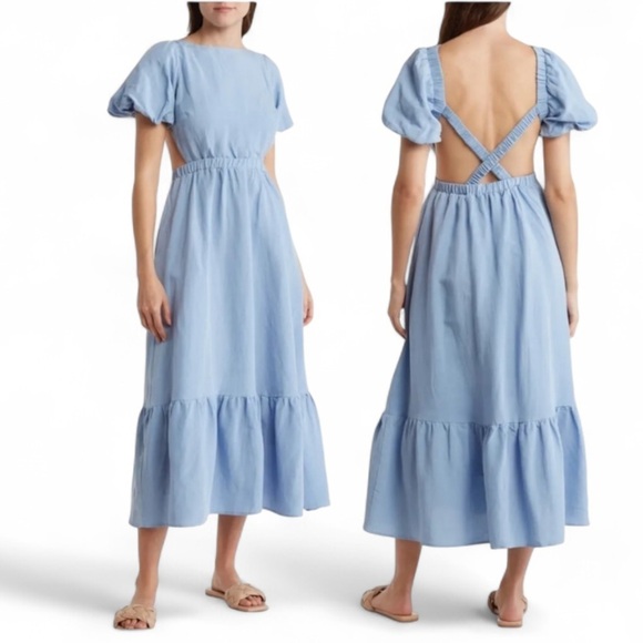 ASTR THE LABEL Dresses & Skirts - ASTR The Label Jelena Light Blue Backless Dress with Puff Sleeves Maxi Dress